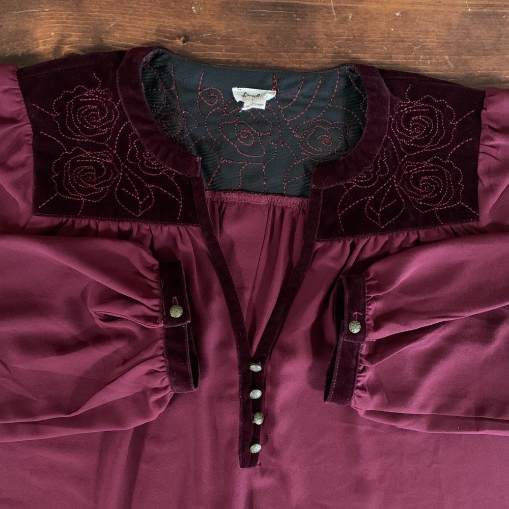 Love Riche Maroon Large Long Sleeve Floral Velvet Detail Plunge Neck Blouse EUC - Picture 6 of 14
